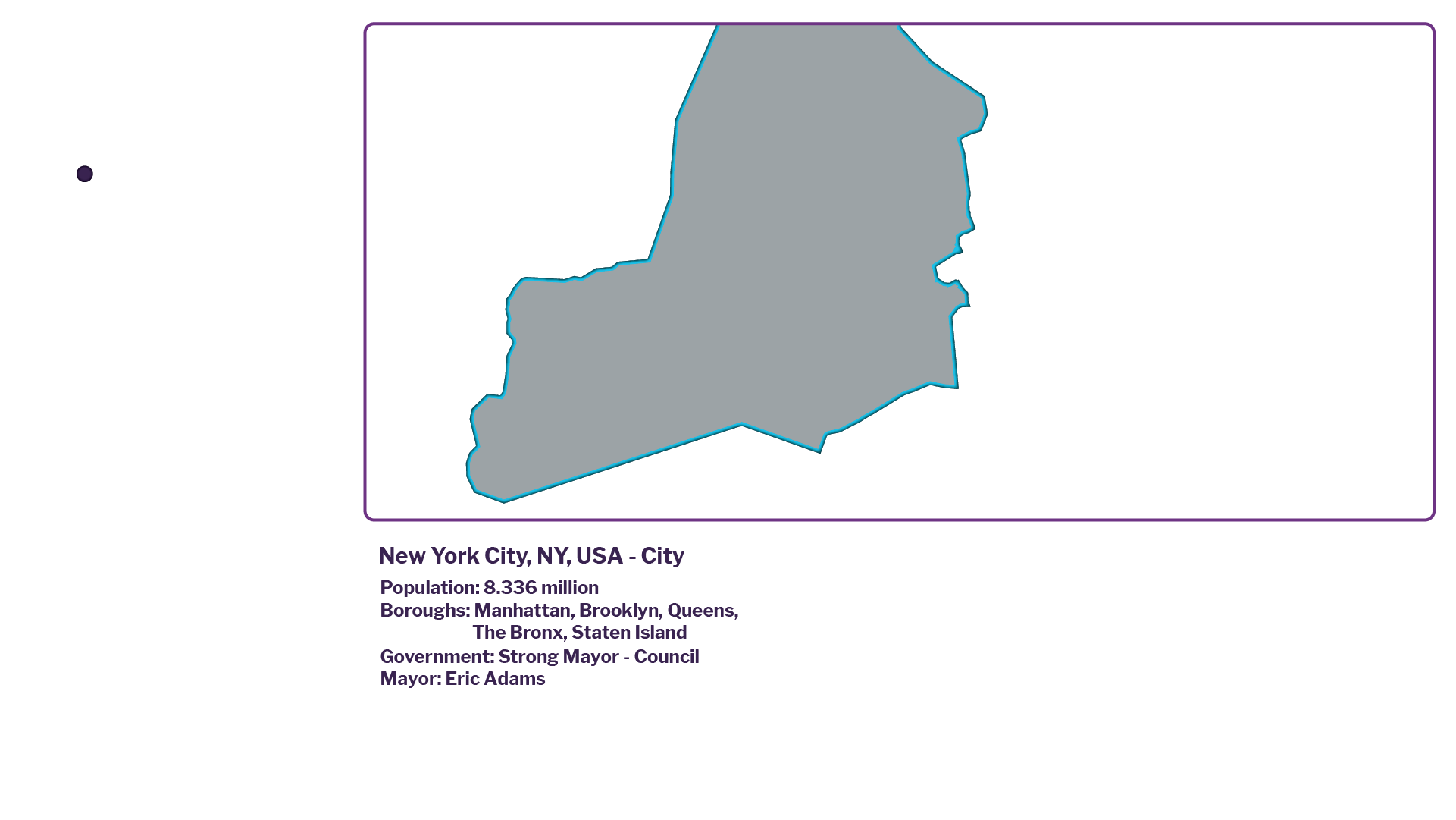 In the menu to the left, the radial button selecting New York City is selected, and an outline of the New York City limits is displayed on the map. Information about New York City is shown in the information panel.